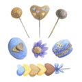 Collection with mix of chocolates. lolly pops, macaroni and various confectionery. Shapes of heart. Made in the technique of