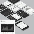 A collection of mobile interface design mockups displayed on a light gray surface