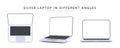 Collection mock-ups of 3d realistic laptops in silver color. Set of mockups generic device. Template laptop for presentation.