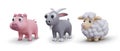 Collection with models of baby pig, gray goat, and fluffy sheep standing on white background