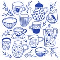 Collection of modern ceramic: cup, mug, tea or cofee pot. Blue and White Chinese Porcelain set Royalty Free Stock Photo