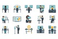 Collection of modern flat design illustrations showing diverse business and technology activities with professionals working on Royalty Free Stock Photo