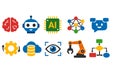A collection of modern flat design vector icons representing artificial intelligence, machine learning, robotics, data processing Royalty Free Stock Photo