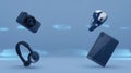Floating assortment of electronics on a light blue colored background Royalty Free Stock Photo