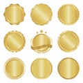 Collection of modern, gold circle metal badges, labels and design elements. Royalty Free Stock Photo