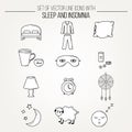 Collection of modern line vector white with black outline icons insomnia and sleep problems symbols. Sleep deprivation pictograms. Royalty Free Stock Photo