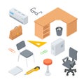 Collection modern office design elements for comfortable workplace organization isometric vector