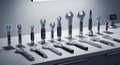 Collection of modern ratcheting wrenches displayed on a clean white surface under studio lighting Royalty Free Stock Photo