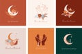 Collection of modern style Ramadan Mubarak greeting cards with retro boho design, praying hands, moon, mosque dome and