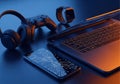 Technology devices includes a laptop, smartphone, gaming controller, Royalty Free Stock Photo