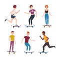 Collection of modern teenage skater boys and girls riding skateboards. Set of young teenagers skateboarding. Cute