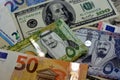 collection of money banknotes from different countries, Saudi riyals with euros and American dollars exchange rates Royalty Free Stock Photo