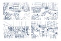 Collection of monochrome drawings of cafe interiors with modern furnishings. Bundle of hand drawn sketches of