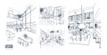 Collection of monochrome drawings of summer cottage interiors full of stylish furniture. Bundle of house rooms hand