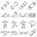 Collection monochrome linear skate icon vector illustration. Set skateboard action trick equipment