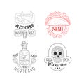 Set of monochrome Mexican logos. Sketch style emblems with nachos and tacos, tequila and skull. Vector for restaurant