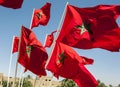 A collection of Moroccan flags flying in Meknes, Morocco.
