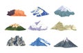 Collection of mountain peaks and ridges isolated on white background. Bundle of various rock cliffs. Set of mounts