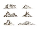 Collection of mountains hand drawn in vintage style. Set of beautiful retro drawings of different rock cliffs and peaks