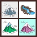 Collection of mountains with snowy peaks in outlined cartoon style. Royalty Free Stock Photo