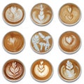 Collection of mugs of latte art coffee isolted.