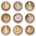 Collection of mugs of latte art coffee isolted.