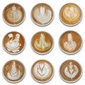 Collection of mugs of latte art coffee isolted.