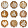 Collection of mugs of latte art coffee isolted.