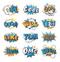 Collection of multi colored comic speech bubble boom effects vector. Royalty Free Stock Photo