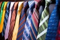 collection of multicolored business ties hanging on a rack