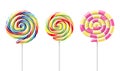 Collection multicolored realistic circle lollipop on stick vector set spiral striped sweet candy