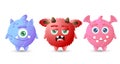 Collection of multicolored round funny monsters. Blue, red, pink cartoon aliens
