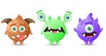 Collection of multicolored round funny monsters. Brown, green, pink cartoon aliens