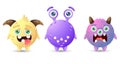 Collection of multicolored round funny monsters. Yellow, purple, pink cartoon aliens