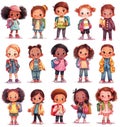 Collection of multiethnic little kids. Isolated clipart of school children with backpacks, standing boys and girls, whole body,