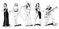 Collection of music women on a stage. Jazz singer, Party girl, Pop singer, Disco dancer, Rock guitarist.