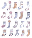 Collection of naive cute doodle socks. Scandinavian style. Sketc