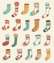 Collection of naive cute doodle socks. Scandinavian style. Sketc