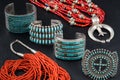 Collection of Native American Turquoise, Silver and Coral Jewelry Royalty Free Stock Photo