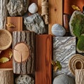 A collection of natural materials arranged in a flat lay. Includes various types of wood, including Royalty Free Stock Photo