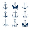 Collection of nautical anchors of various types hand drawn with navy contour lines on white background. Monochrome Royalty Free Stock Photo