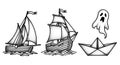 Nautical Trio: Sailboats, Paper Boat, and Ghost Illustration Royalty Free Stock Photo