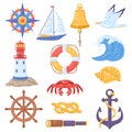 Collection of nautical symbols and items. Marine cute illustration.