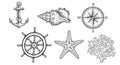 Nautical Sketches: Anchor, Shell, Compass, Wheel, Starfish, and Coral Artwork Royalty Free Stock Photo