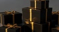 A collection of neatly stacked black gift boxes, each adorned with elegant gold Royalty Free Stock Photo