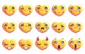 Set of 15 negative emotions heart shaped pixel art emoji in golden color