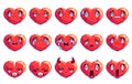 Set of 15 negative emotions heart shaped pixel art emoji in golden color