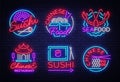 Collection neon signs Food. Set Logos in neon style Sushi, Seafood, Lobster, Chinese food, light emblem, night neon