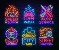 Collection neon signs Transport. Neon logo emblems, Taxi service, Car wash, auto service, car repair, street racing Royalty Free Stock Photo