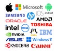 Collection of new popular technology logos: IOS, Intel, Linux, AMD, Samsung, Oracle, Canon, Microsoft, Apple, Android, Dell, Royalty Free Stock Photo